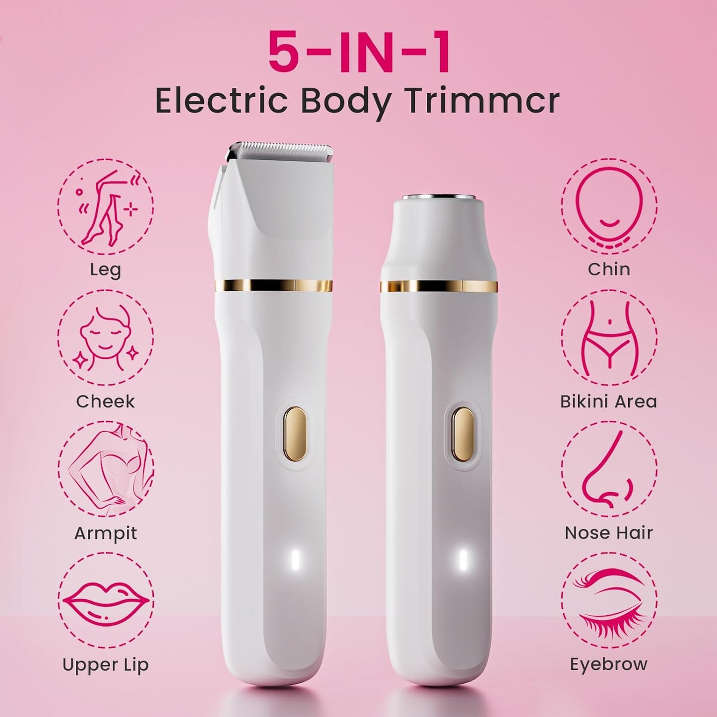 Electric Razors for Women, 5-In-1 Wet/Dry Bikini Trimmer with USB Charge Dock, Deluxe Facial Hair Removal, Wet/Dry Body Shaver for Nose Eyebrows Beard Underarm Leg Arm, IPX7 Waterproof (White)